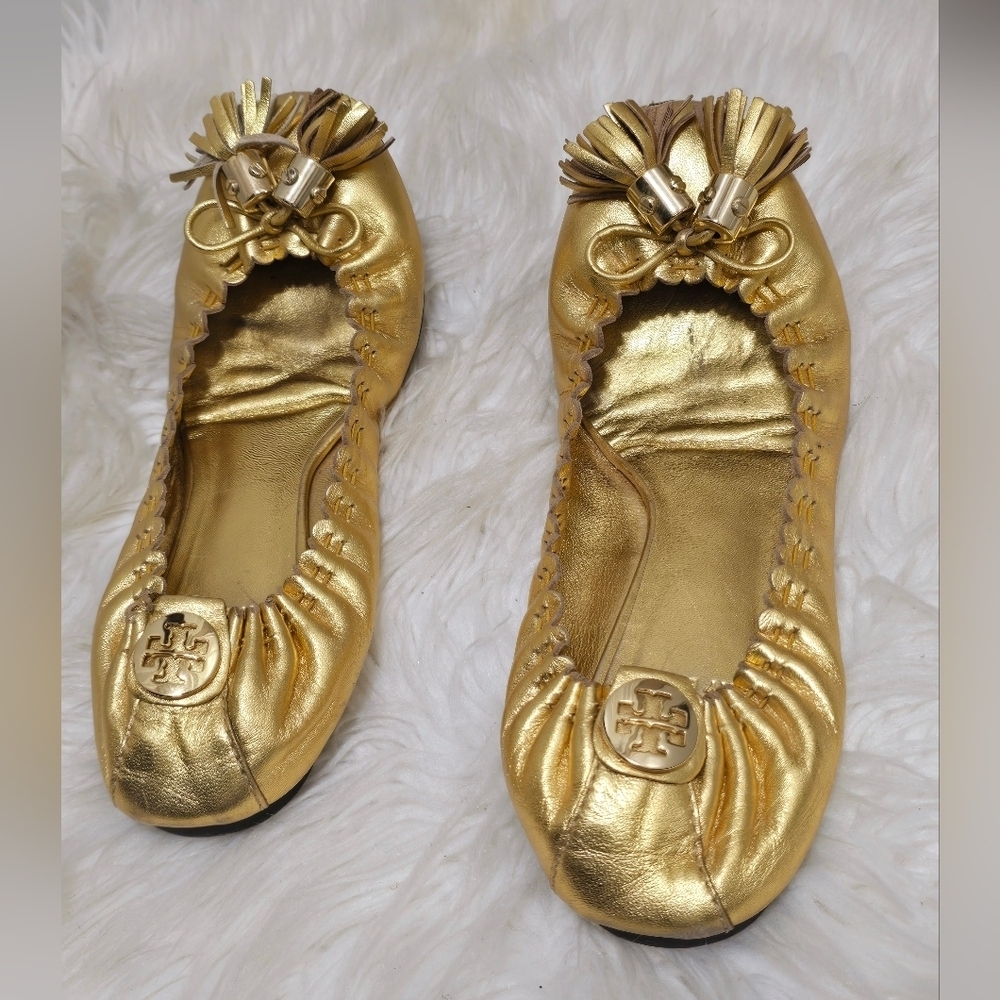 Tory Burch Gold Reese Tassel Leather BalletFlats🌴✌️ - Picture 3 of 9